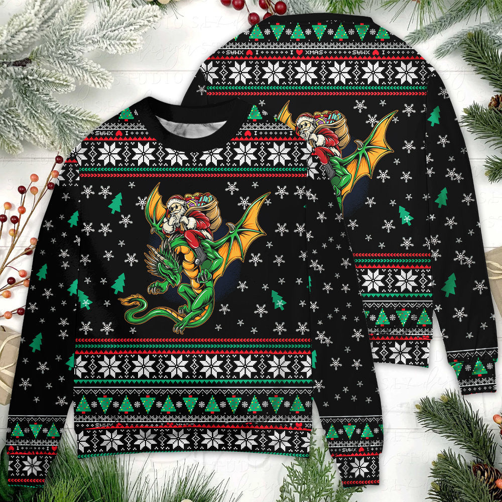 Christmas Santa With Fantasy Dragon Sweater For Festive Parties Family Photos And Comfortable Seasonal Wear