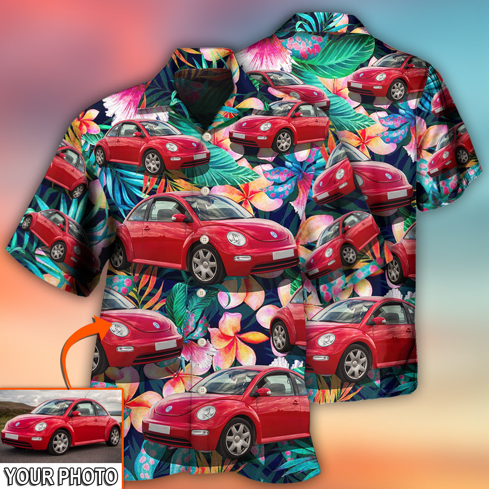 Luxury Tropical Floral Car Beetle Custom Photo Hawaiian Shirt For Poolside Relaxation And Sunny Getaways
