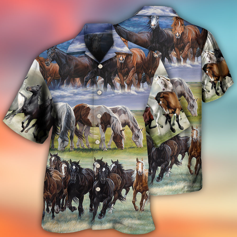Watercolor Dynamic Horse Running Hawaiian Shirt Collar And Front View For Thoughtful Gifting