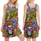 Hippie Skull Rock Music V-Neck Sleeveless Cami Dress For Creative Events And Casual Warm Weather Wear