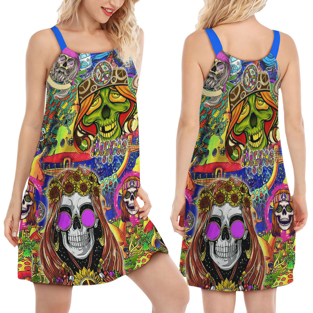 Hippie Skull Rock Music V-Neck Sleeveless Cami Dress For Creative Events And Casual Warm Weather Wear