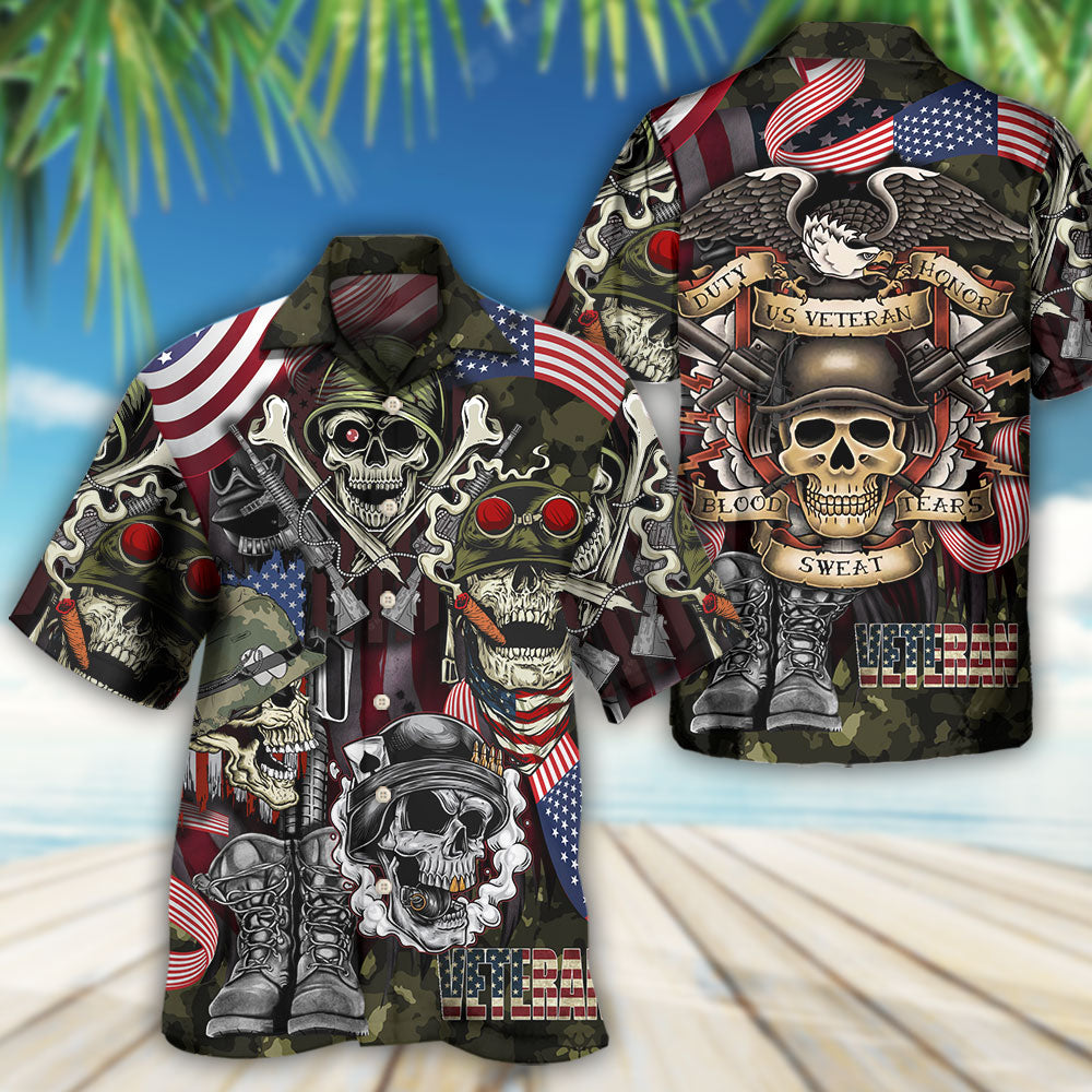 Veteran Skull Military Tribute Hawaiian Shirt Graphic Artwork Detail For Vacation Style