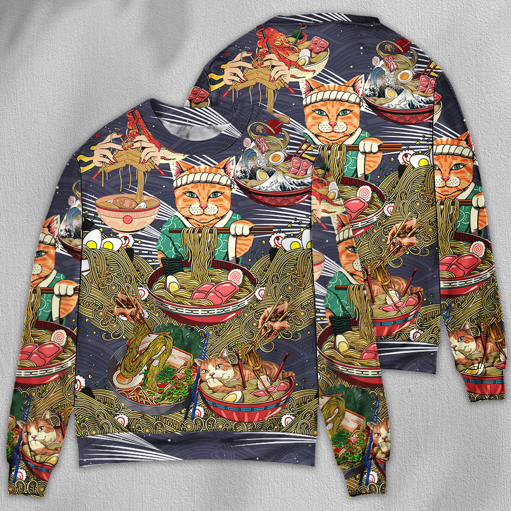 Cat Eating Ramen Sweater For Outdoor Activities Weekend Trips And Relaxed Everyday Outfits