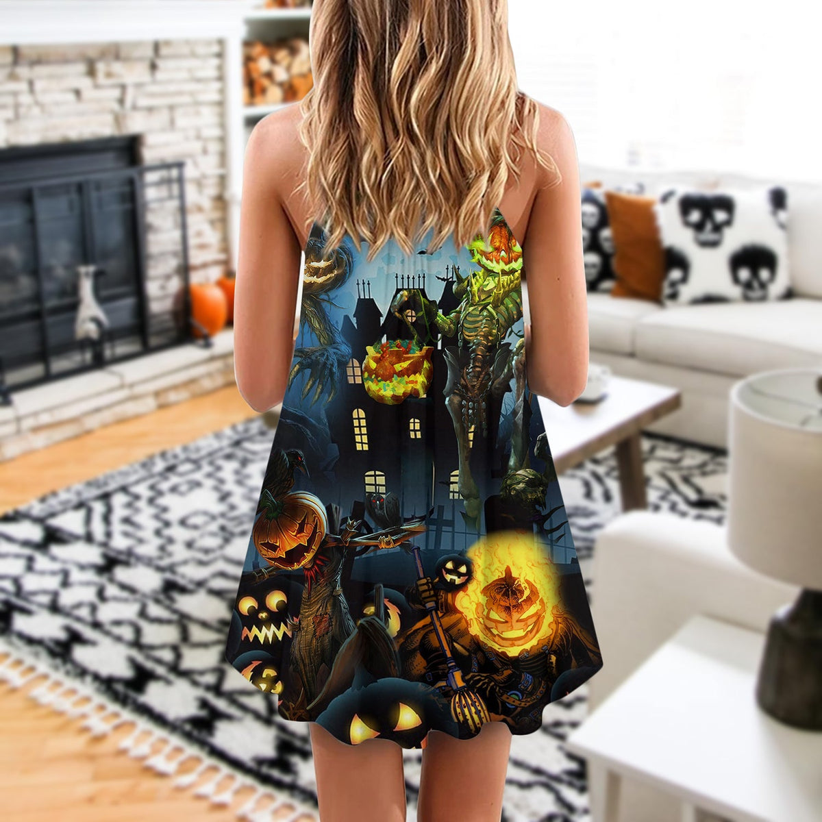 Halloween Pumpkin Scary Sky Night – Women's Summer Sleeveless V-Neck Camisole Dress