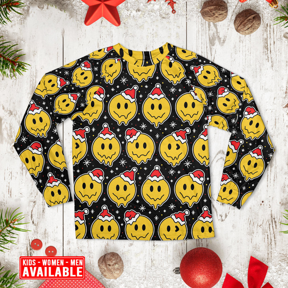 Smiling Face With Santa Hat Christmas Long Sleeve Pajamas Set For Winter Nights And Thoughtful Gifting