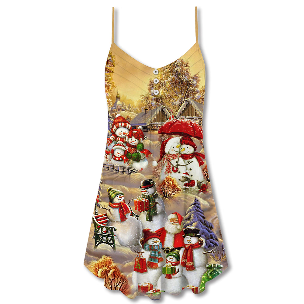 Christmas Snowman Couple Love V-Neck Sleeveless Cami Dress For Festive Events And Casual Summer Styling