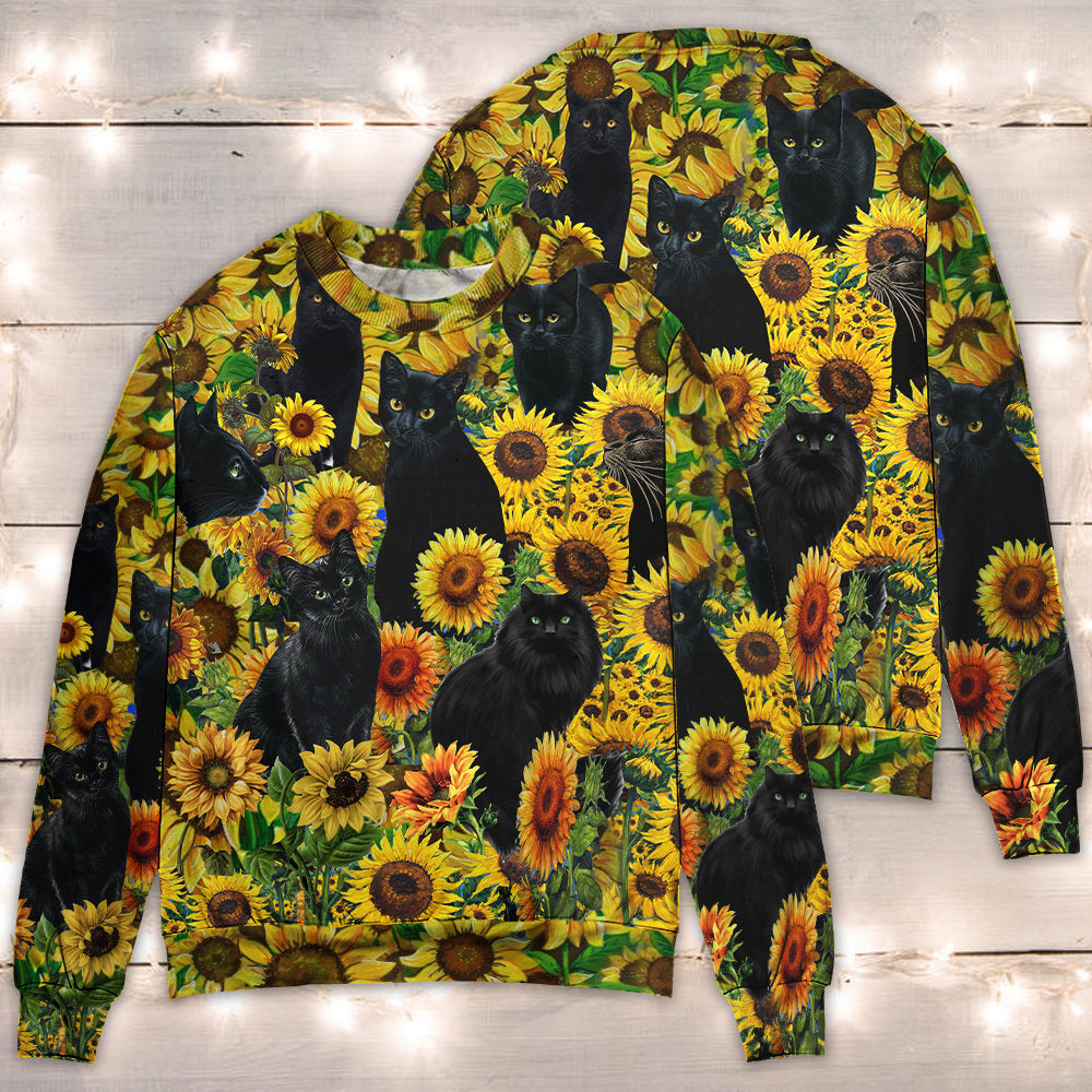 Black Cat Sunflower Sweater For Nature Inspired Fashion Events And Relaxed Everyday Comfort