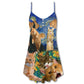 Cat Dreaming Of Stars V-Neck Sleeveless Cami Dress For Vacations And Casual Warm Weather Wear