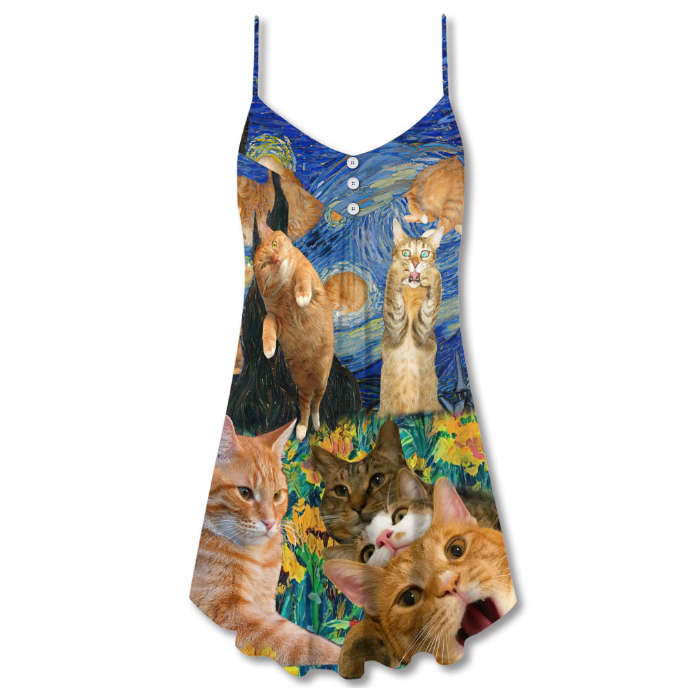Cat Dreaming Of Stars V-Neck Sleeveless Cami Dress For Vacations And Casual Warm Weather Wear