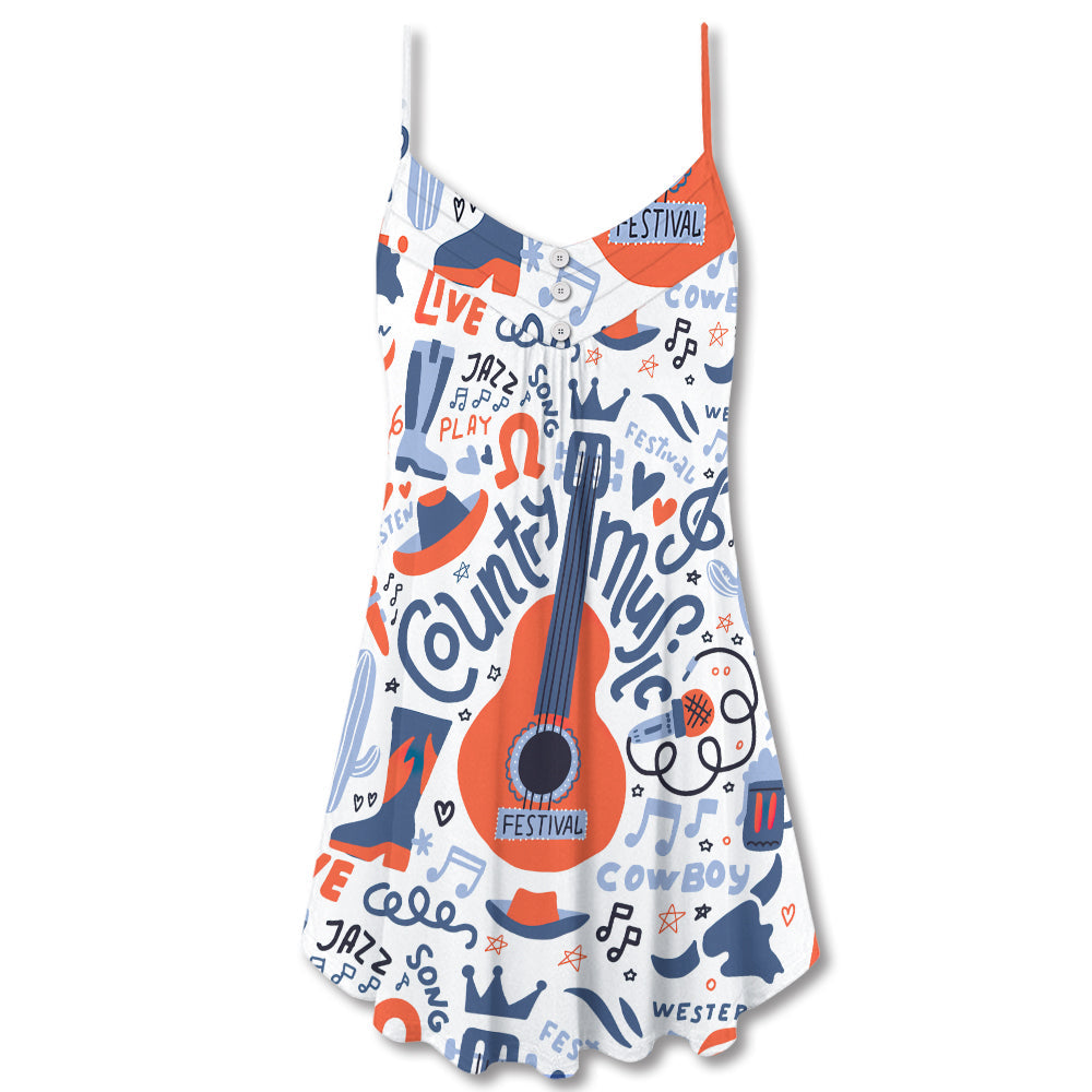 Country Guitar Music Festival V-Neck Sleeveless Cami Dress For Vacations And Casual Warm Weather Wear