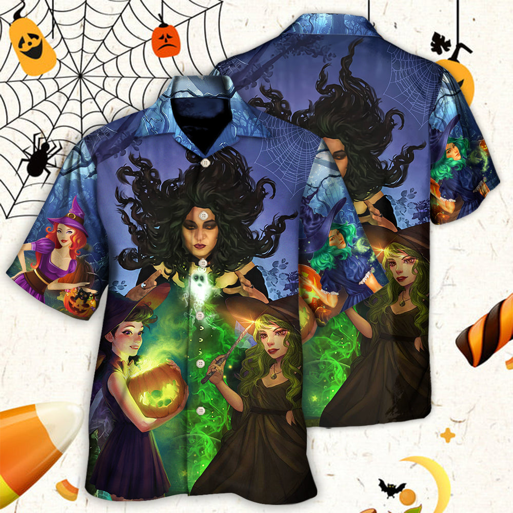 Dark Halloween Witch Ghost Enchanted Forest Hawaiian Shirt Design Detail For Beach Days And Holiday Travel