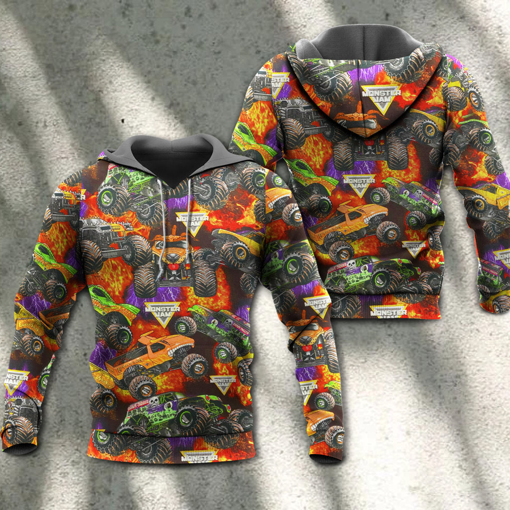 Monster Truck Packed Power Hoodie For Automotive Enthusiasts Road Trips And Casual Everyday Wear