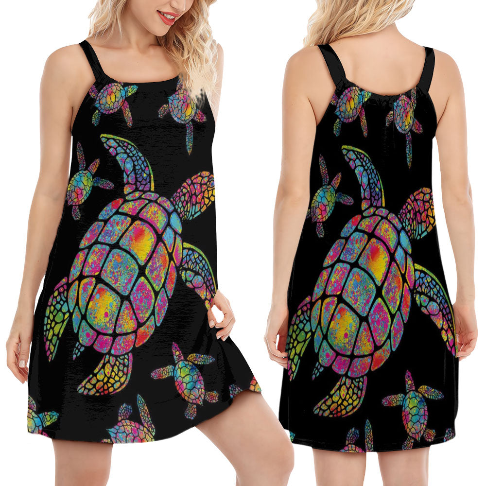 Hippie Turtle Love Ocean V-Neck Sleeveless Cami Dress For Vacations And Artistic Everyday Fashion