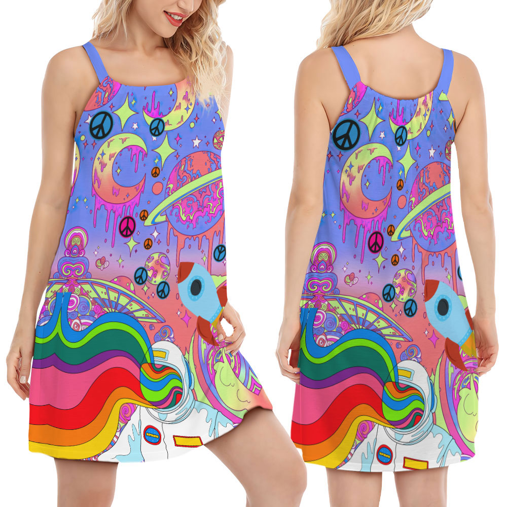 Hippie Planet Colorful Peaceful Spirit V-Neck Sleeveless Cami Dress For Beach Travel And Free Spirited Outfits