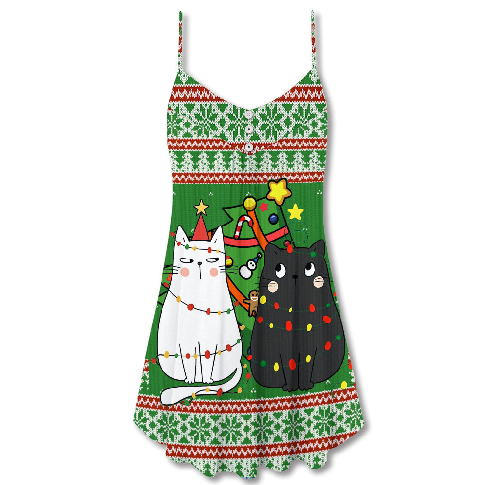 Christmas Meowy Cat Tree Fun – Women's Summer Sleeveless V-Neck Camisole Dress
