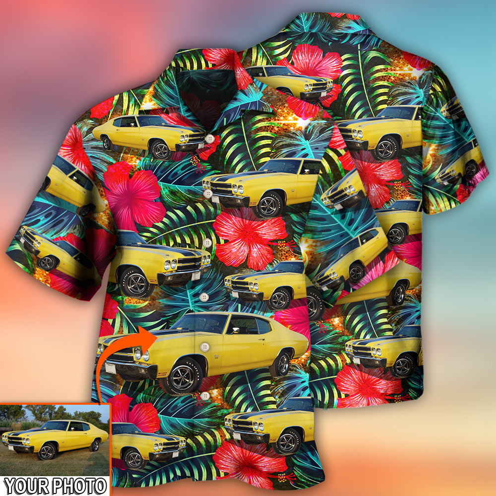 Tropical Floral Car Chevelle Custom Photo Hawaiian Shirt For Resort Getaways And Comfortable Summer Activities