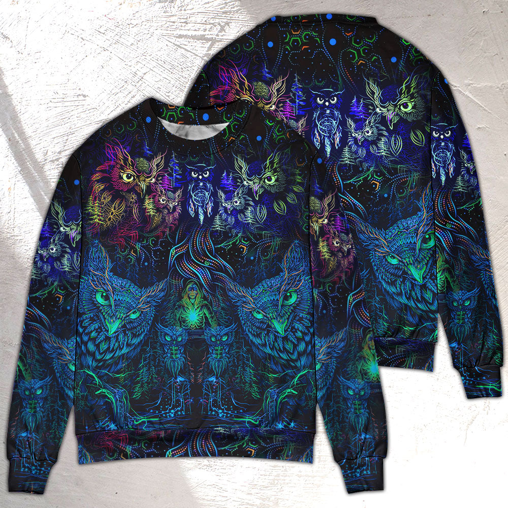 Colorful Owl And Witch Fantasy Sweater For Art Lovers Holidays Parties And Comfortable Wear