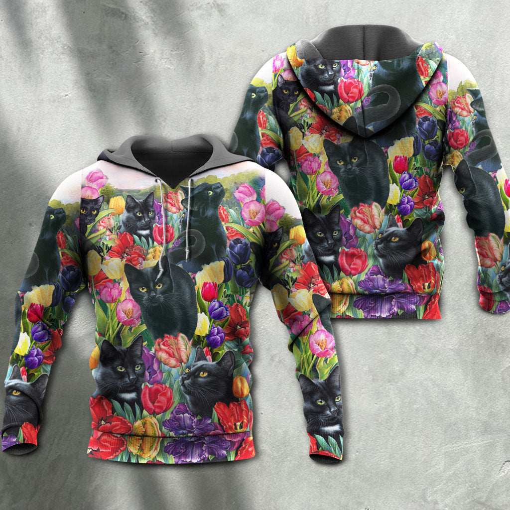Black Floral Colorful Cat Love Hoodie For Nature Lovers Casual Travel And Comfortable Layering