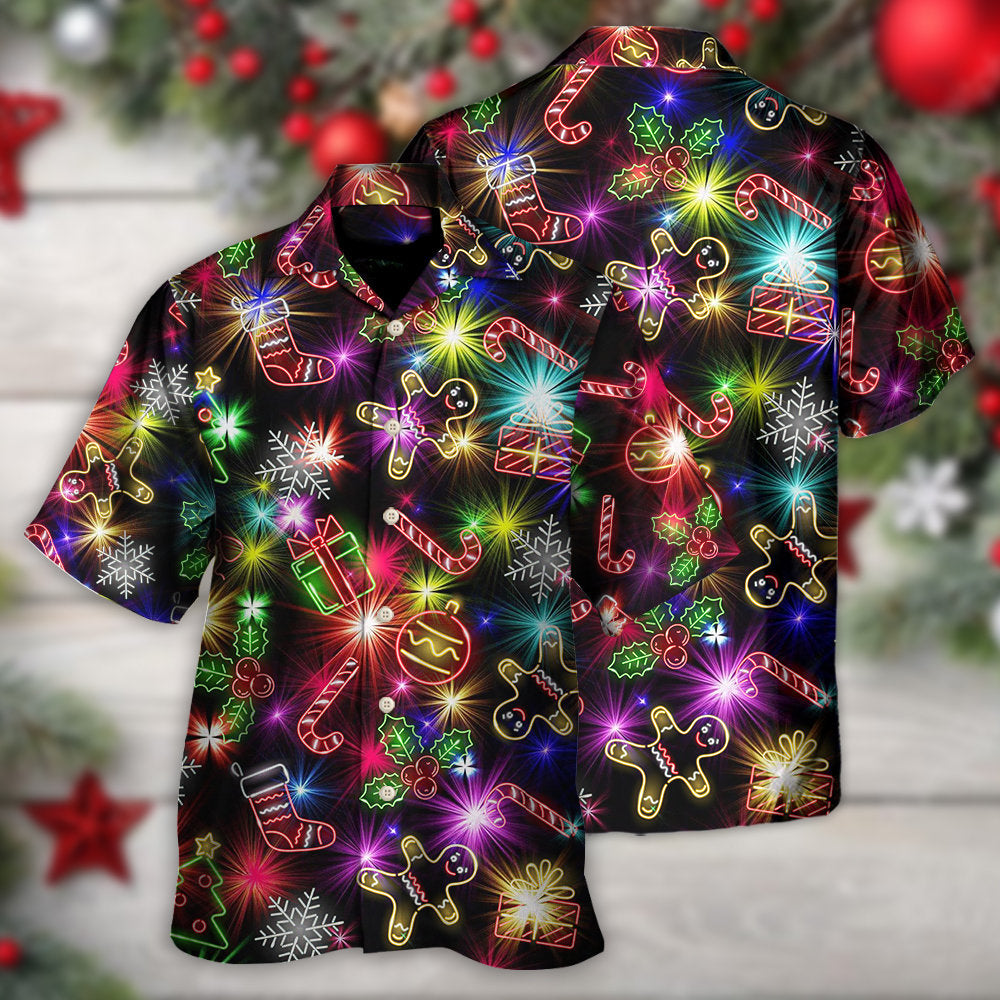 Neon Christmas Tree Gifts Gingerbread Hawaiian Shirt Pattern View For Lightweight Everyday Style