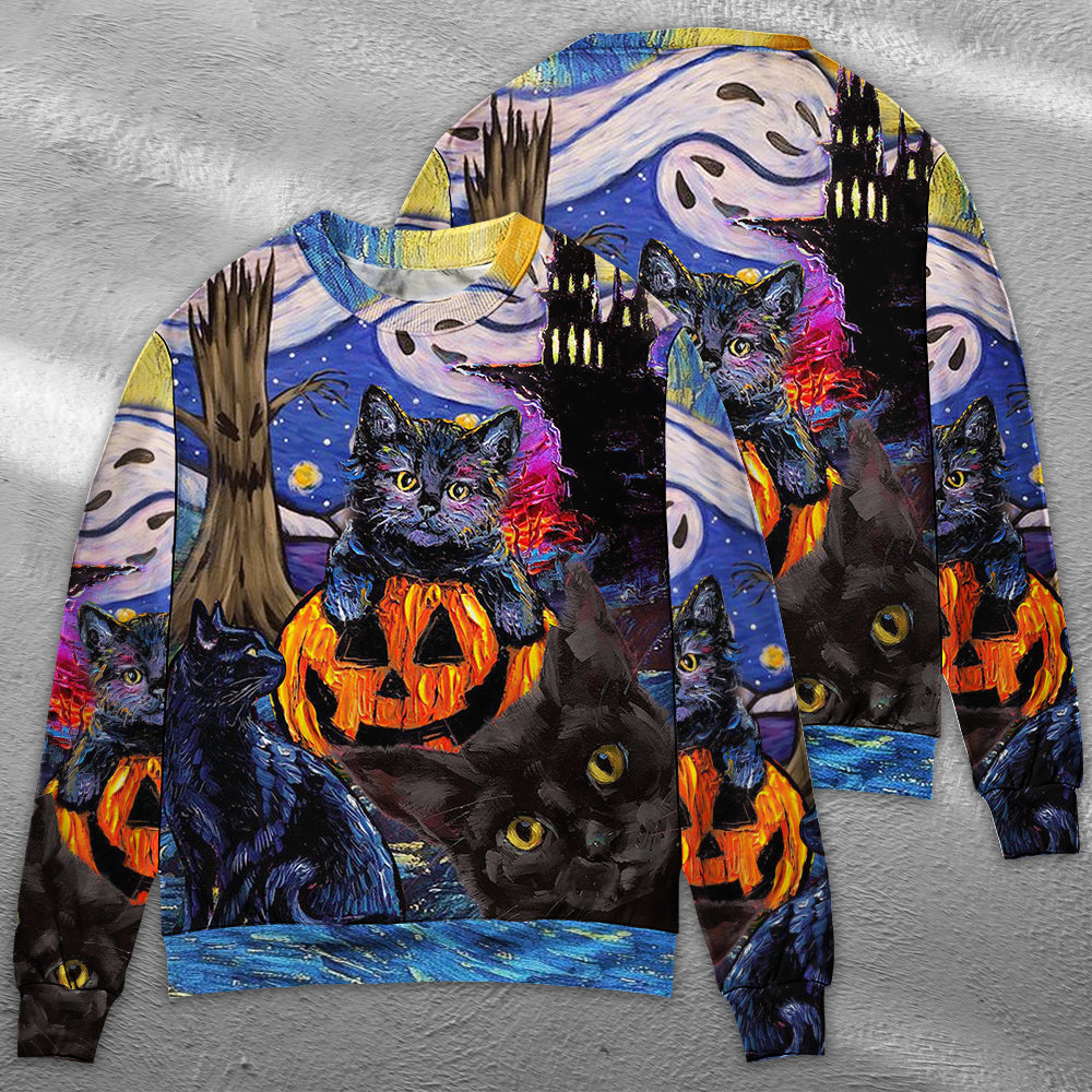 Halloween Black Cat Starry Night Sweater For Fantasy Fans Casual Outings And Weekend Adventures