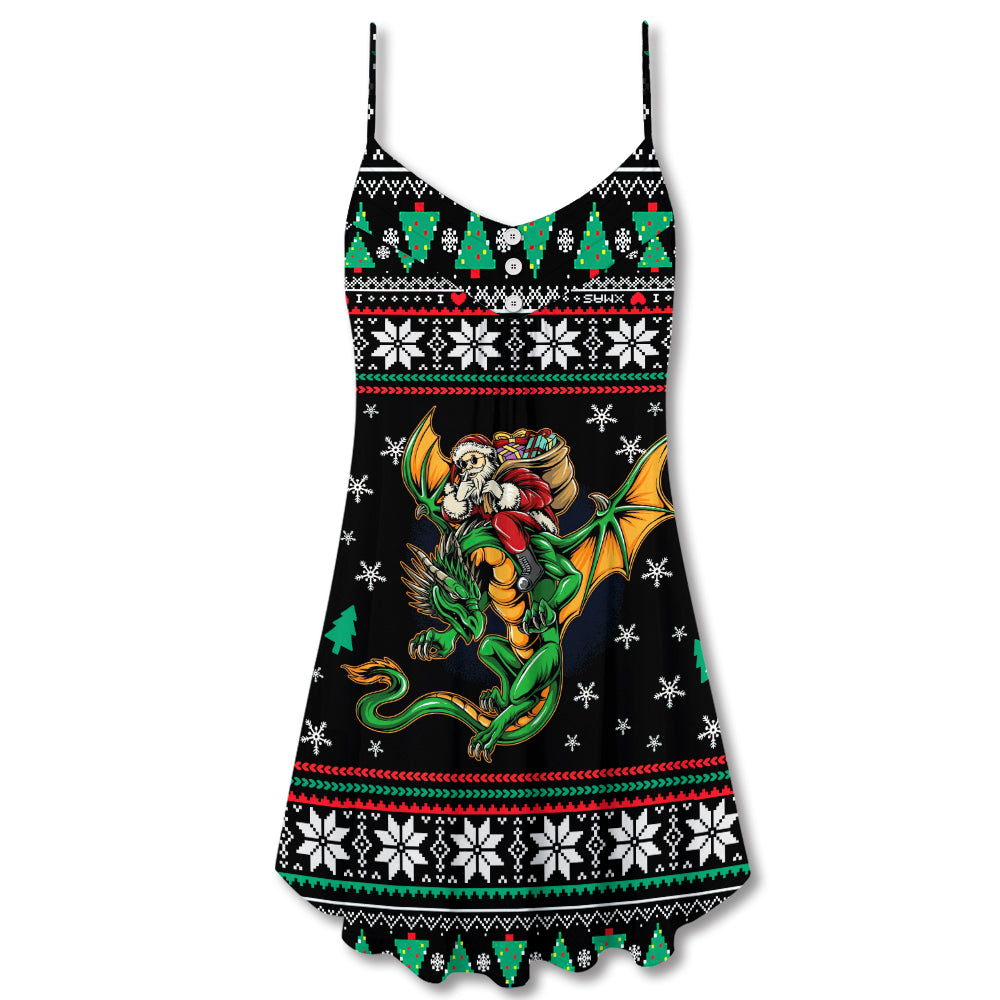 Christmas Santa And Dragon V-Neck Sleeveless Cami Dress For Vacations And Casual Warm Weather Wear