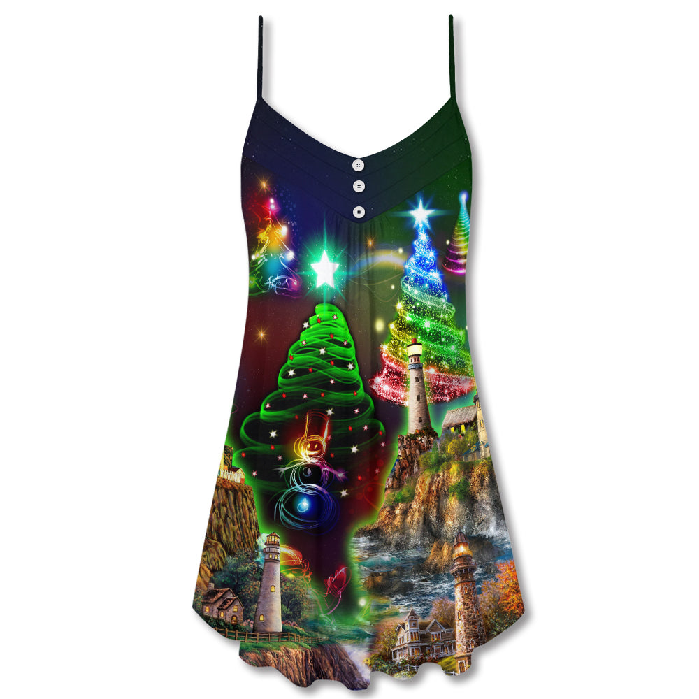 Christmas Lighthouse Merry Holiday V-Neck Sleeveless Cami Dress For Festive Events And Casual Summer Styling