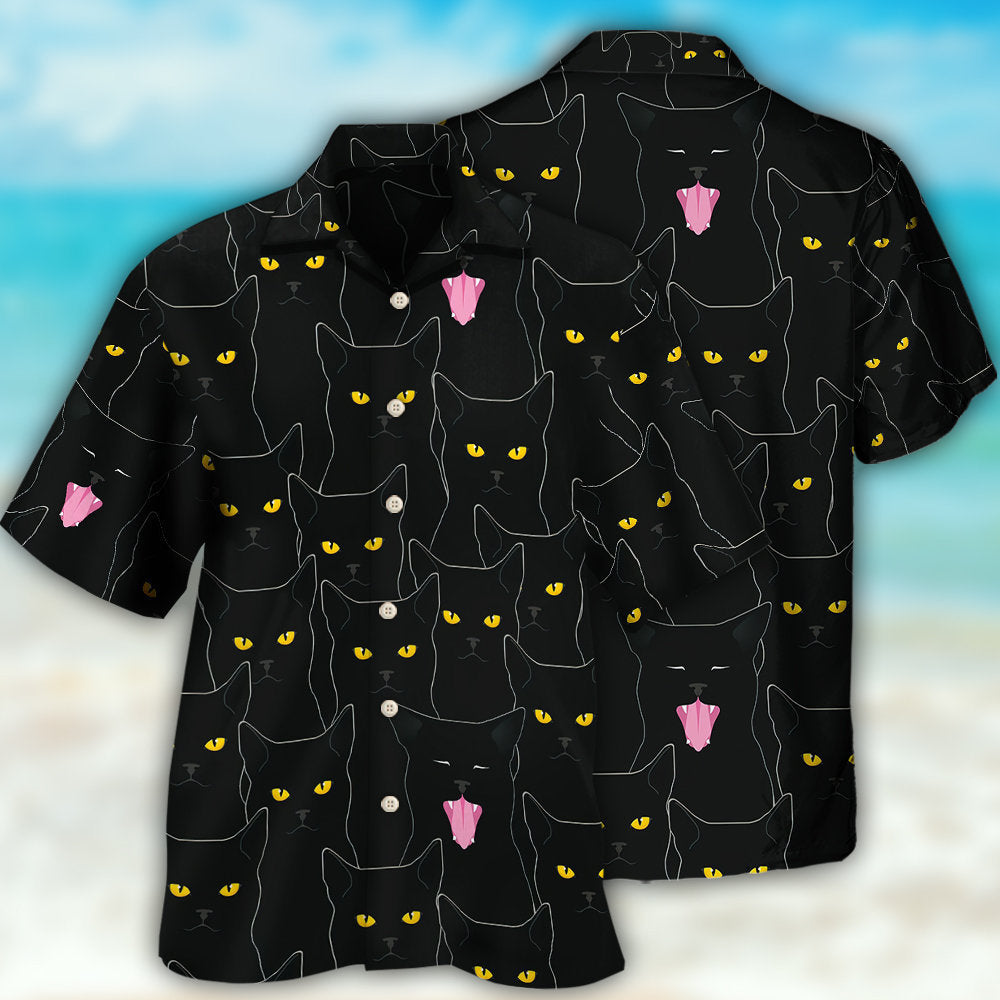 Cute Black Cat Portrait Hawaiian Shirt All Over Print Detail For Resort Wear