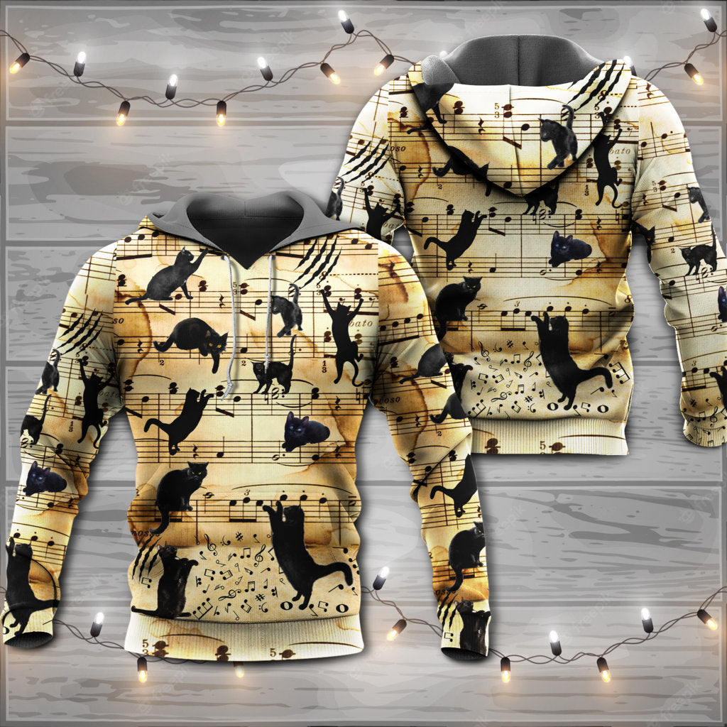 Black Cat Music Note Love Hoodie For Festival Outfits Music Events And Relaxed Daily Style