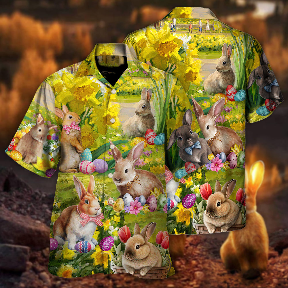 Floral Easter Rabbit Relaxed Landscape Hawaiian Shirt Button Front Artwork For Weekend Trips