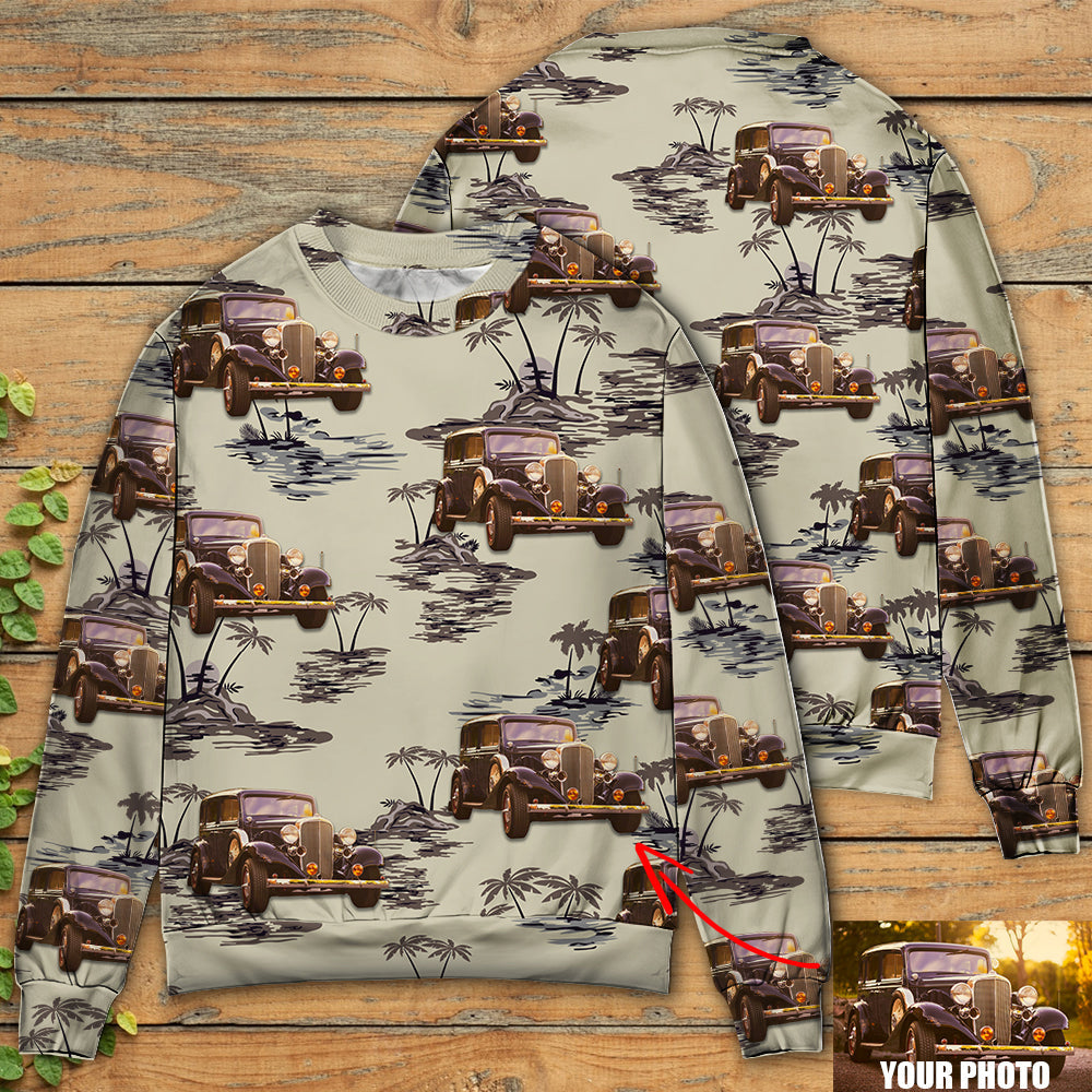 Vintage Car Tropical Island Palm Trees Sweater For Garage Gatherings Road Adventures And Creative Gifts