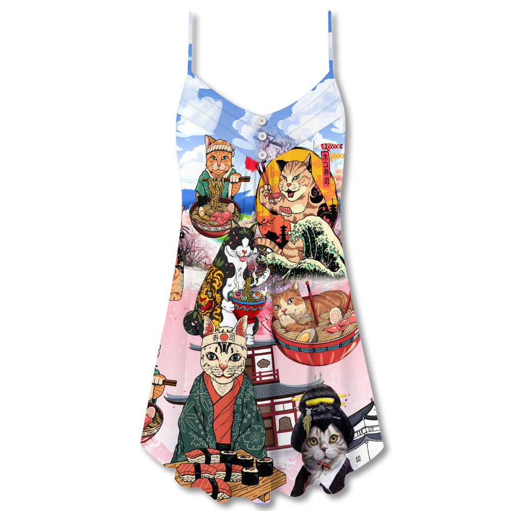 Samurai Cat With Ramen V-Neck Sleeveless Cami Dress For Vacations Parties And Expressive Warm Weather Styling