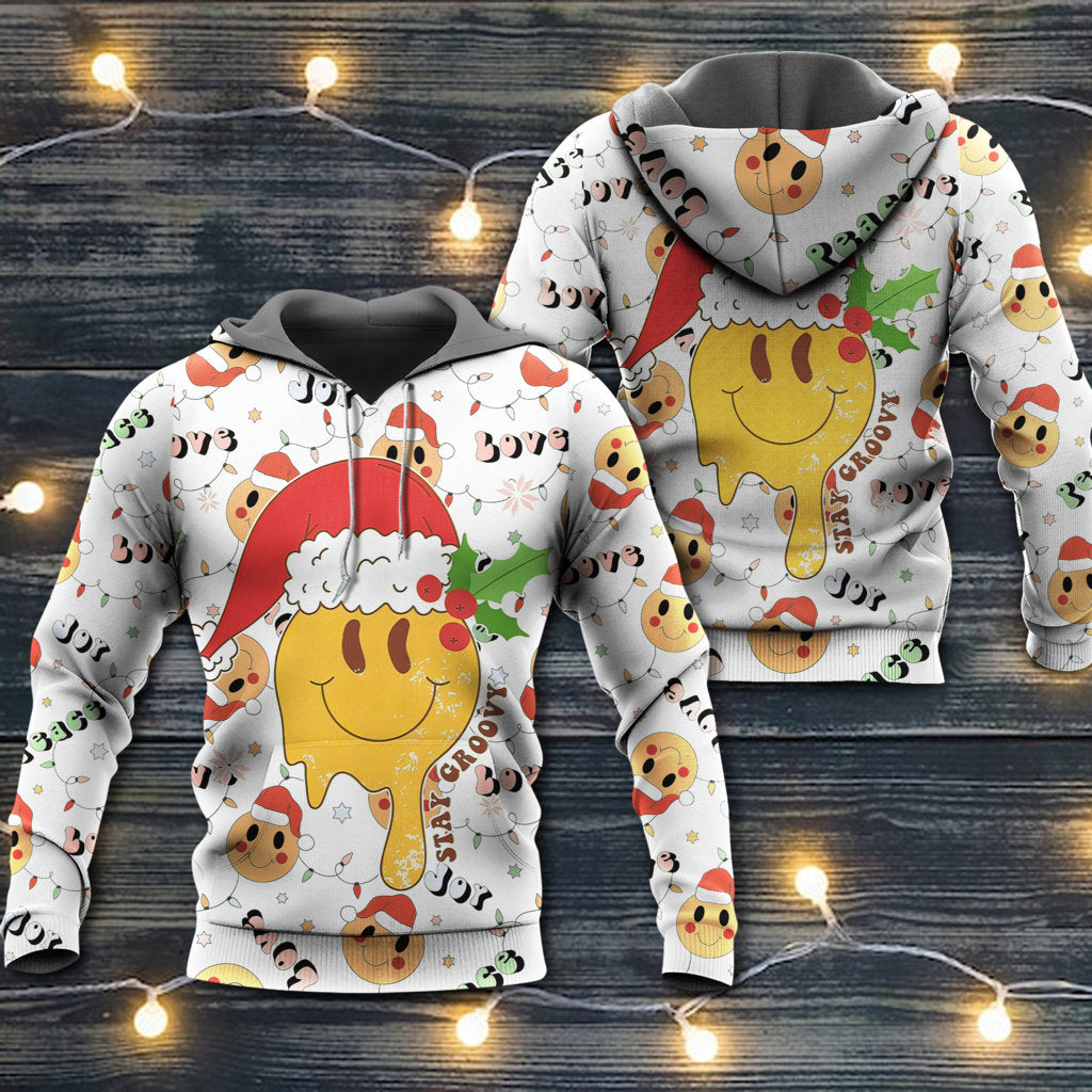 Hippie Christmas Groovy Santa Smile Face Hoodie For Seasonal Parties Casual Wear And Thoughtful Holiday Gifts