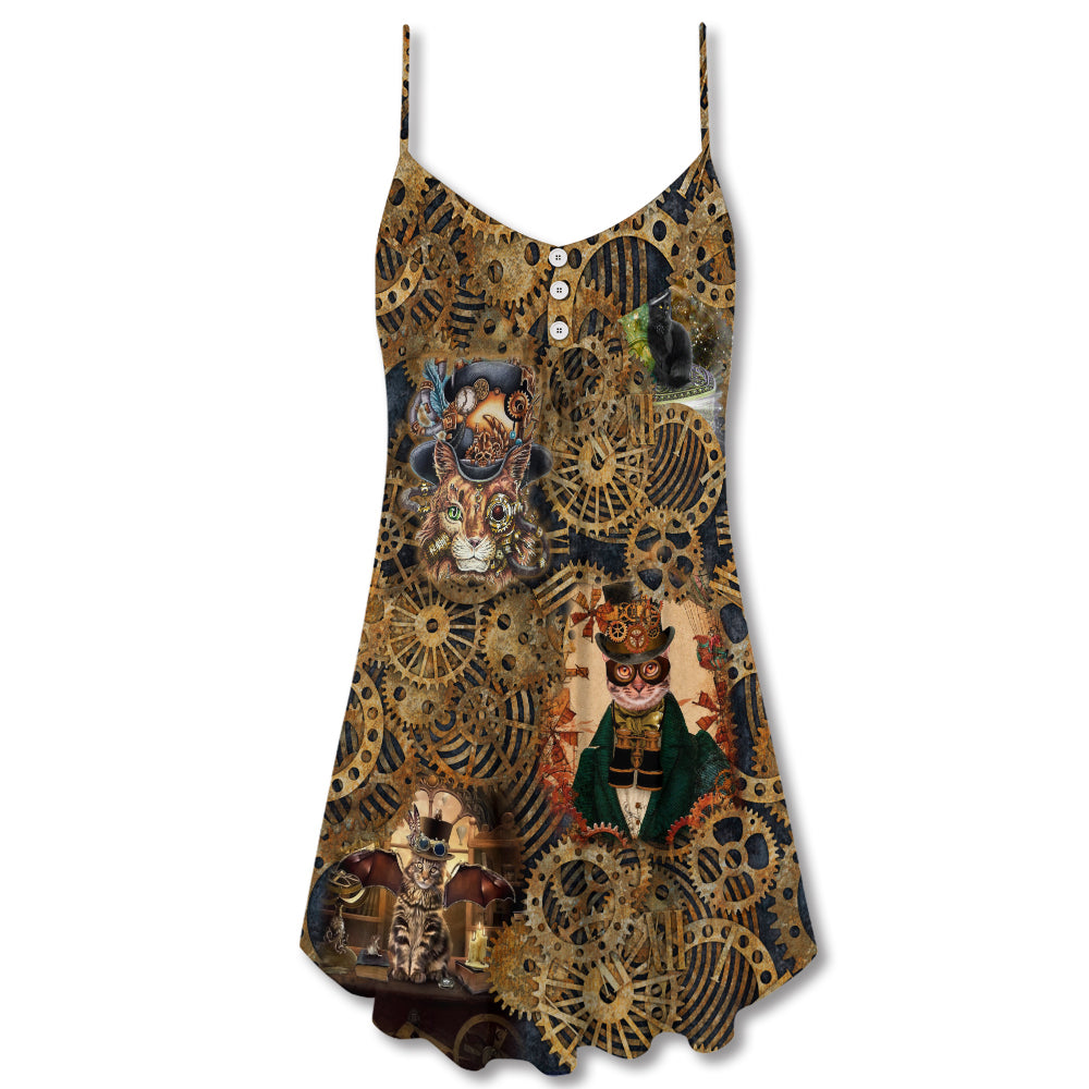 Vintage Cat Love Machine V-Neck Sleeveless Cami Dress For Summer Events And Comfortable Everyday Style