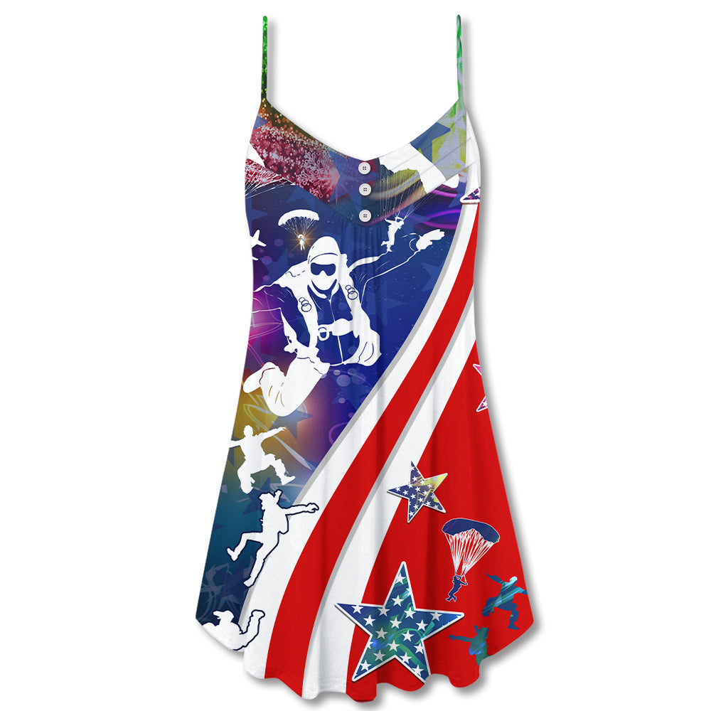 Christmas Patriotic Parachute Jump V-Neck Sleeveless Cami Dress For Festive Events And Casual Summer Styling