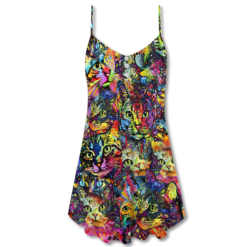 Smiling Colorful Cat Style V-Neck Sleeveless Cami Dress For Festivals Parties And Fun Warm Weather Outfits