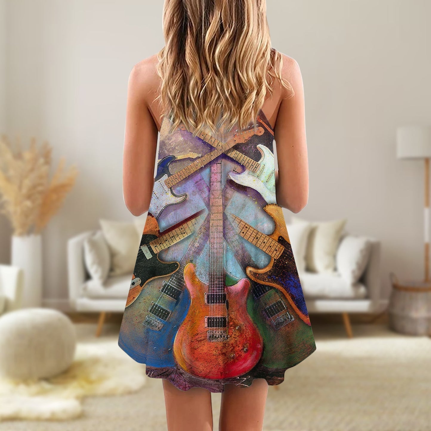 Abstract Colorful Guitar Lover V-Neck Sleeveless Cami Dress For Festivals Travel And Relaxed Casual Summer Wear