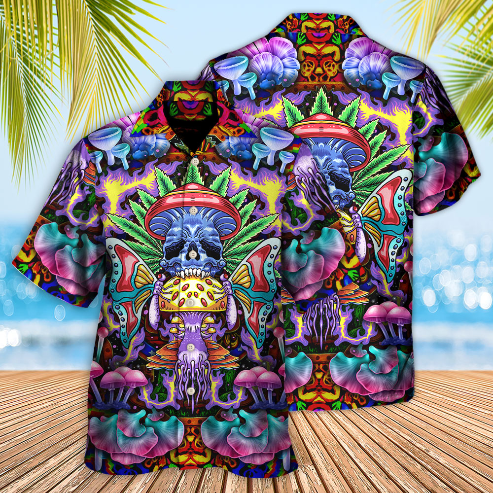 Bohemian Mushroom Skull Hawaiian Shirt Artwork Detail For Tropical Trips And Casual Outings