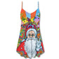 Christmas Hawaiian Hippie Santa Style V-Neck Sleeveless Cami Dress For Vacations And Casual Warm Weather Wear