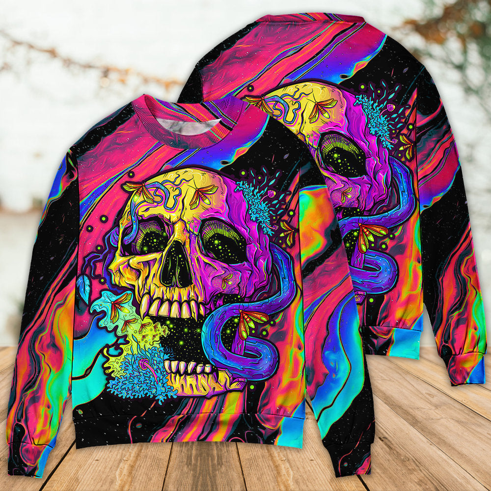 Skull And Moth Neon Night Sweater For Art Lovers Holidays Parties And Comfortable Wear