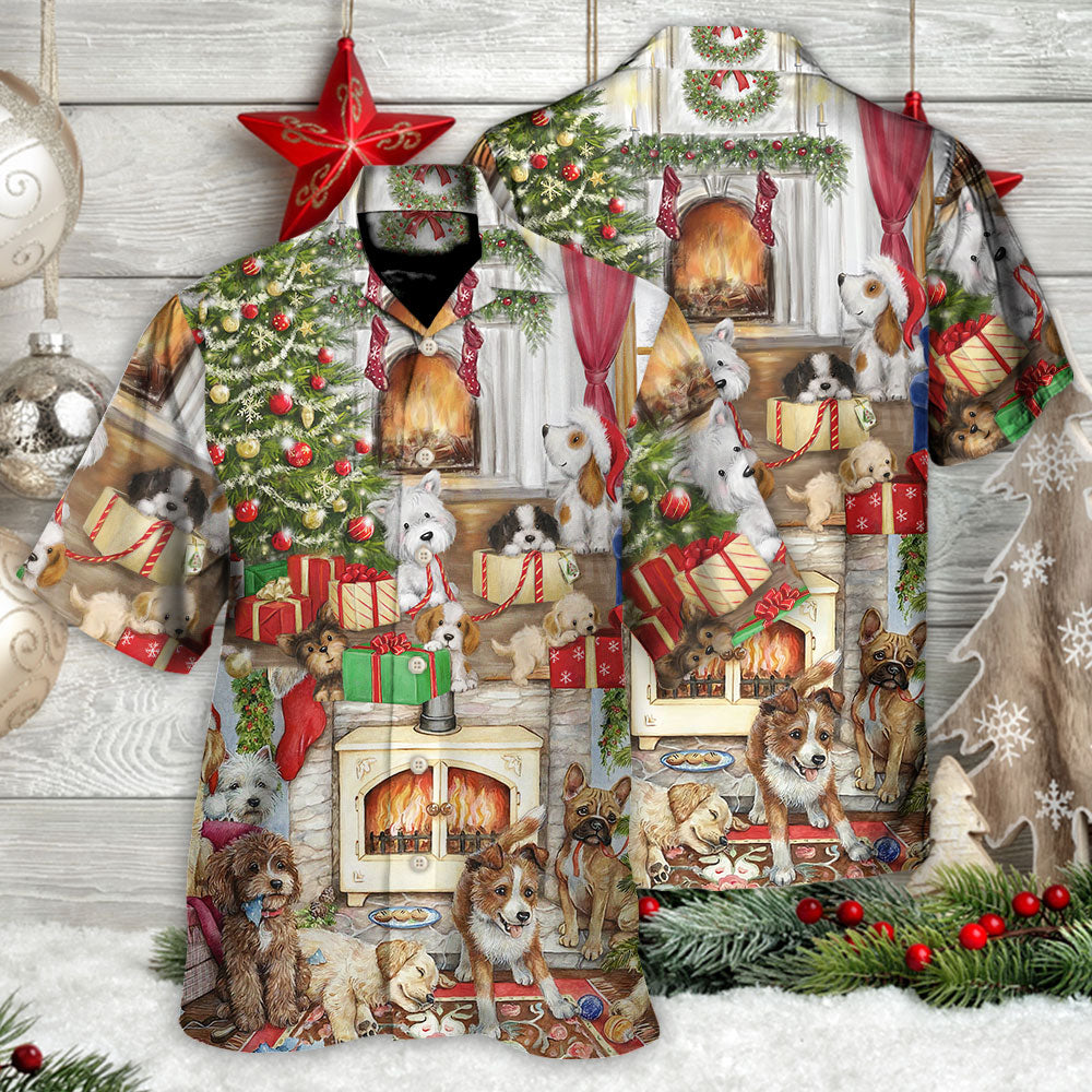 Festive Christmas Dog Hawaiian Shirt Print Closeup For Warm Weather Events