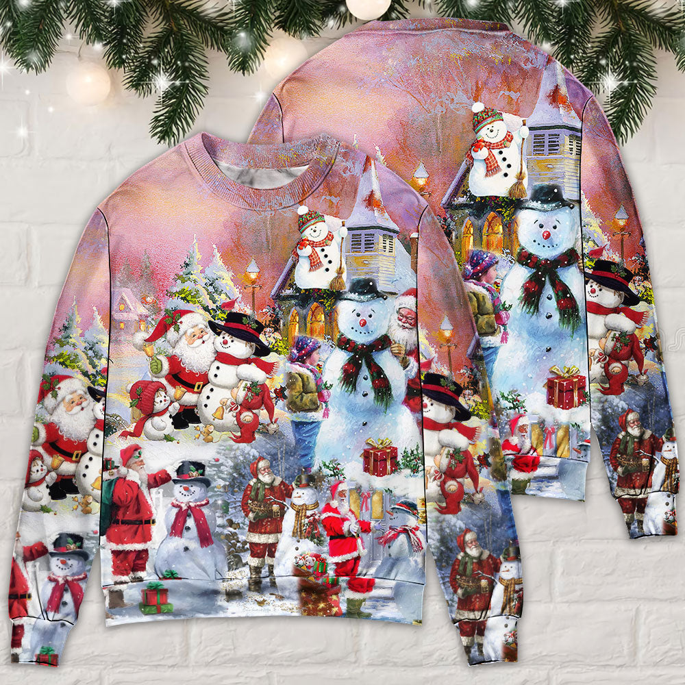 Santa And Snowman Snow Village Sweater For Holiday Travel Winter Outings And Cheerful Gift Giving