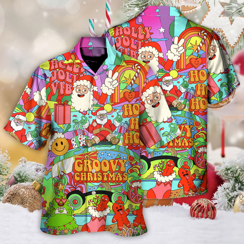 Christmas Hippie Santa Bus Peace Hawaiian Shirt Detailed Pattern View For Weekend Trips