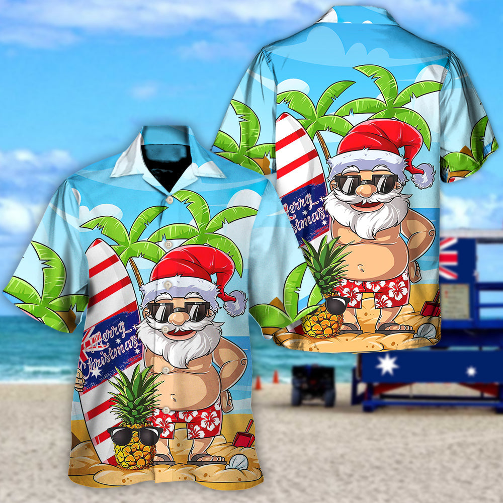 Summer Christmas July Santa Surf Hawaiian Shirt For Island Vacations, Resort Wear, And Relaxed Seasonal Style