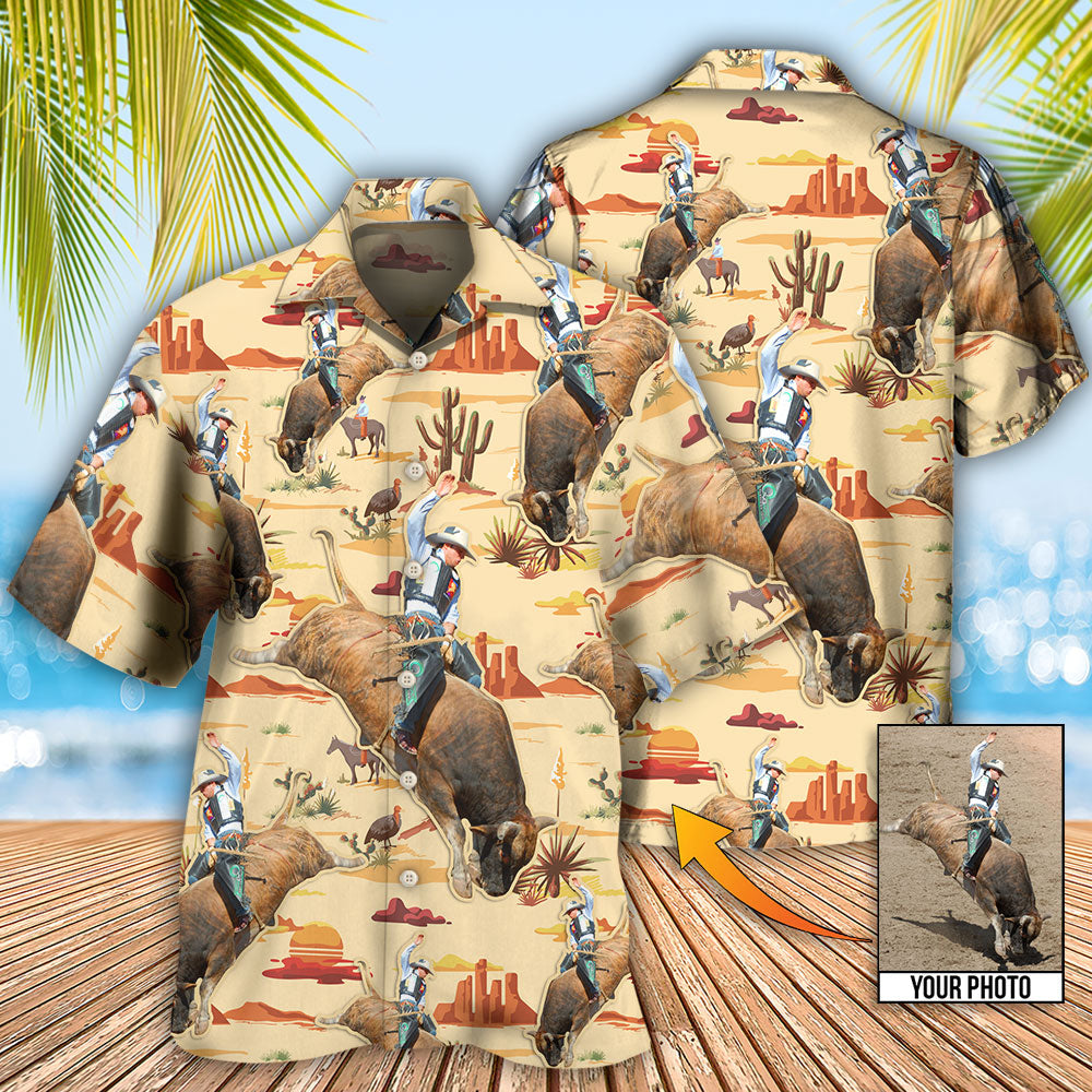 Tropical Cowboy Bull Riding Custom Photo Hawaiian Shirt Artwork View For Coastal Escapes And Resort Style