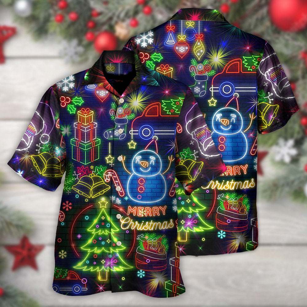 Neon Christmas Bright Lighting Hawaiian Shirt Design View For Casual Summer Styling