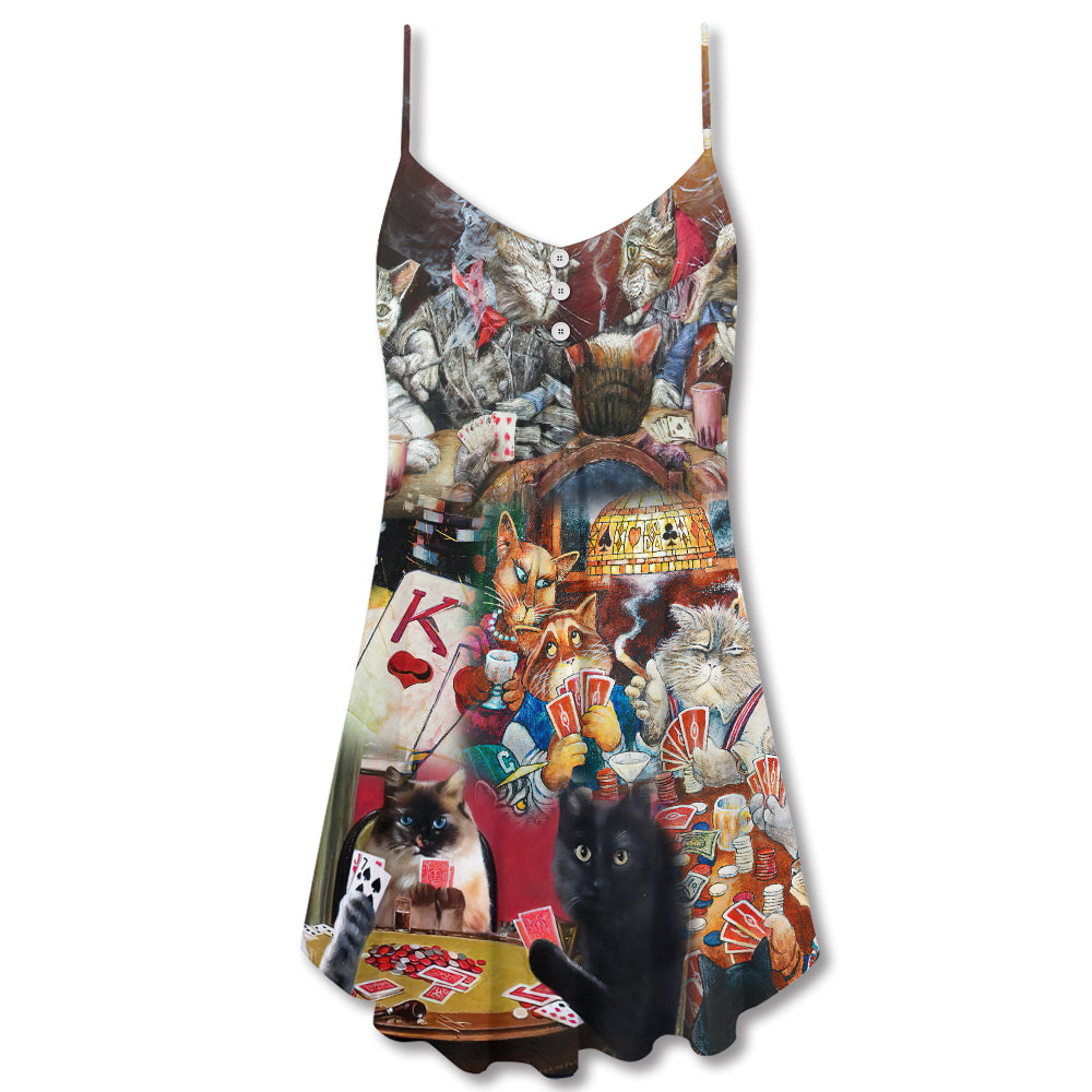 Cats Playing Poker Art V-Neck Sleeveless Cami Dress For Beach Trips Parties And Relaxed Warm Weather Style