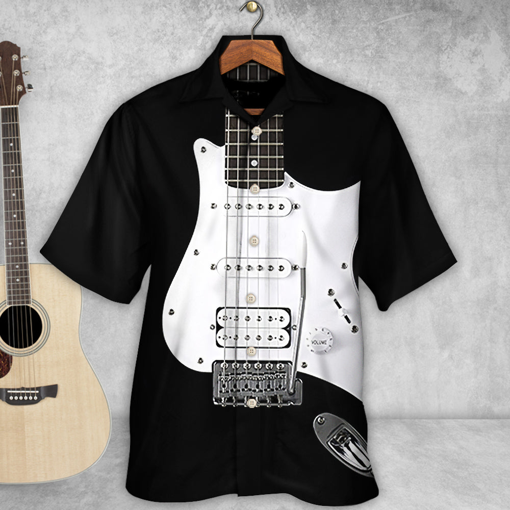 Black Electric Guitar Hawaiian Shirt Artwork Detail For Resort Trips And Outdoor Activities