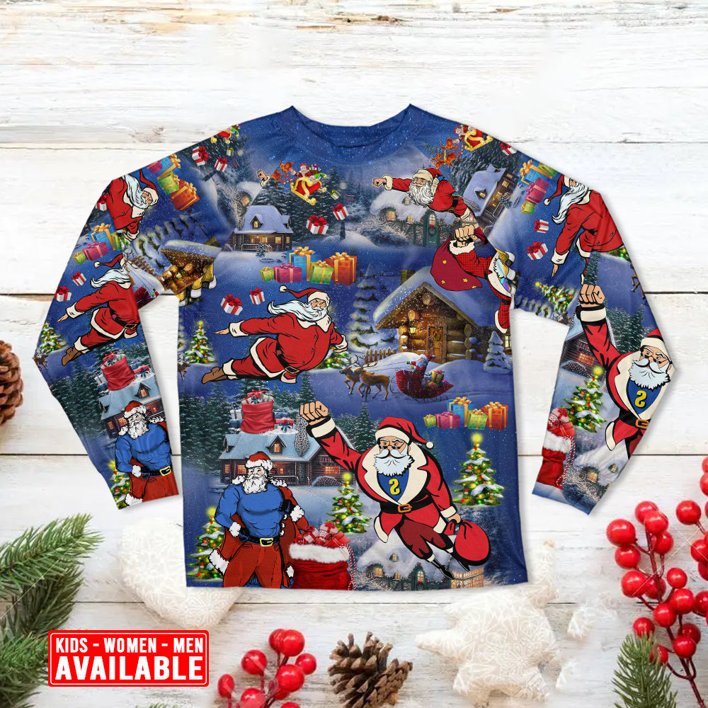 Flying Santa Christmas Long Sleeve Pajamas Set For Holiday Travel And Comfortable Home Wear