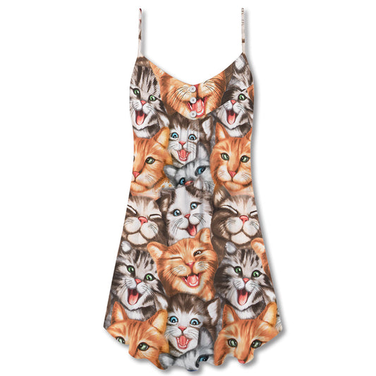 Cute Funny Cat Happy Life – Women's Summer Sleeveless V-Neck Camisole Dress