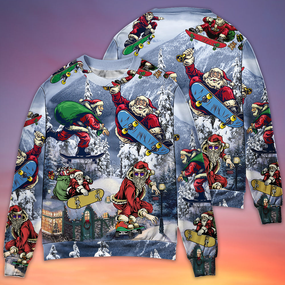 Christmas Santa Skateboarding Snow Mountain Sweater For Festive Events Weekend Outings And Comfortable Winter Style